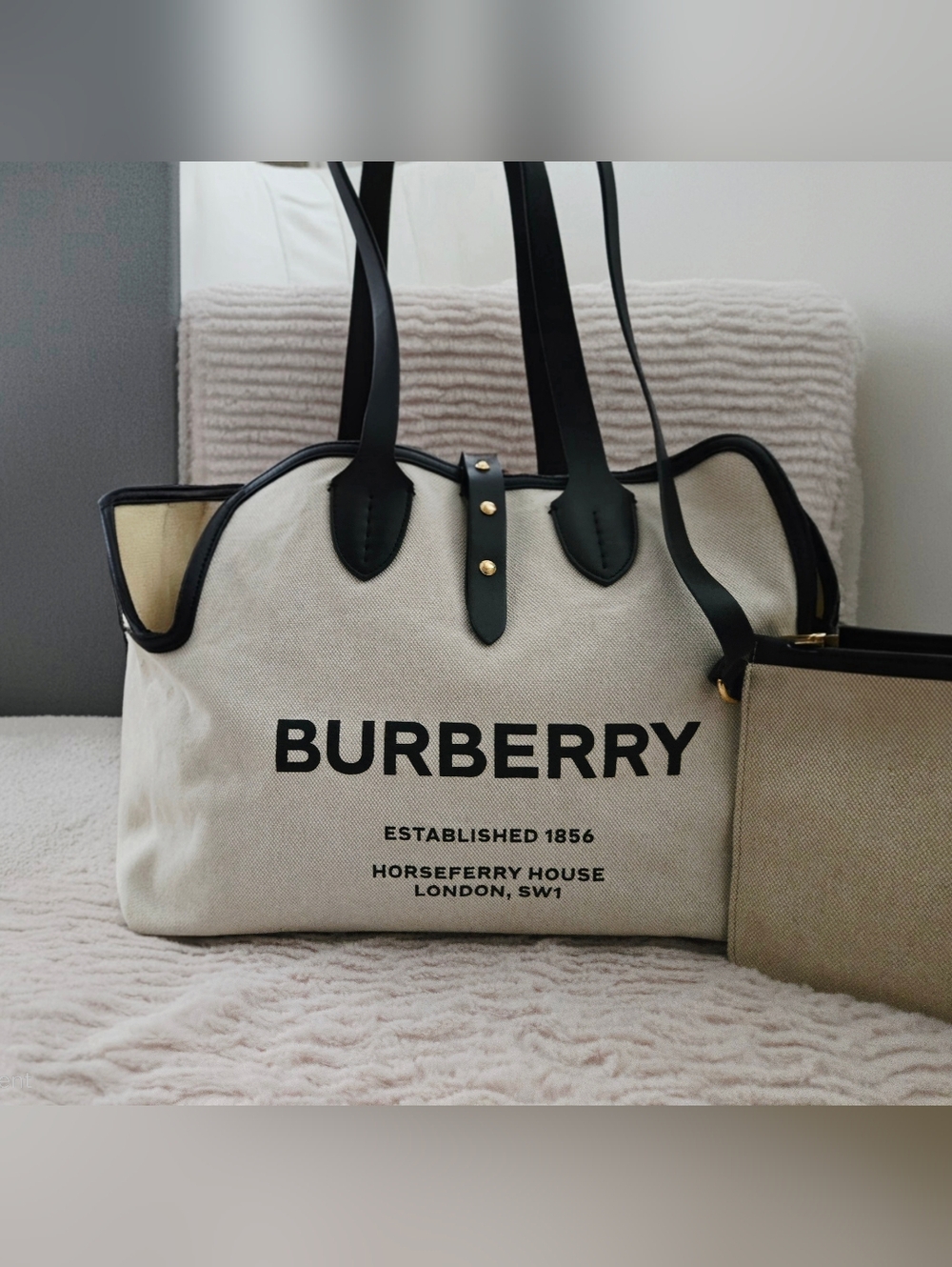 Authentic BURBERRY Medium Natural Black CottonCanvas Belt Tote & Pouch Set